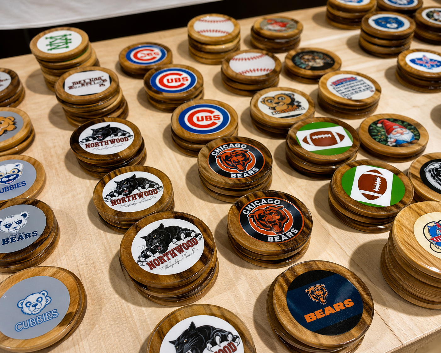 Stacks of handmade wooden team coasters